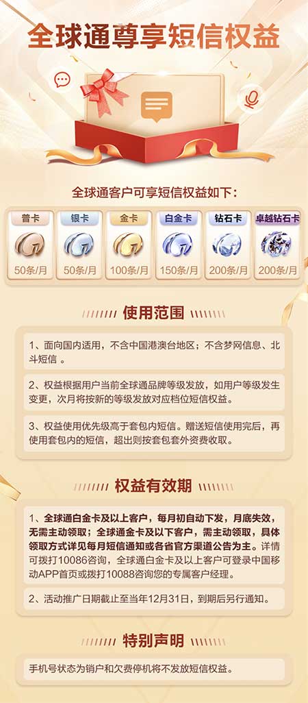 江苏移动全球通每月免费领取50-200条短信-流量永远